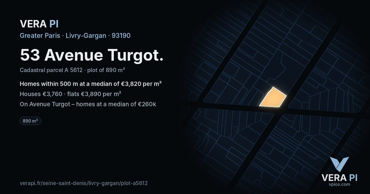 53 Avenue Turgot, Livry-Gargan at night – the plot lit, the parcels around coloured by the prices near them