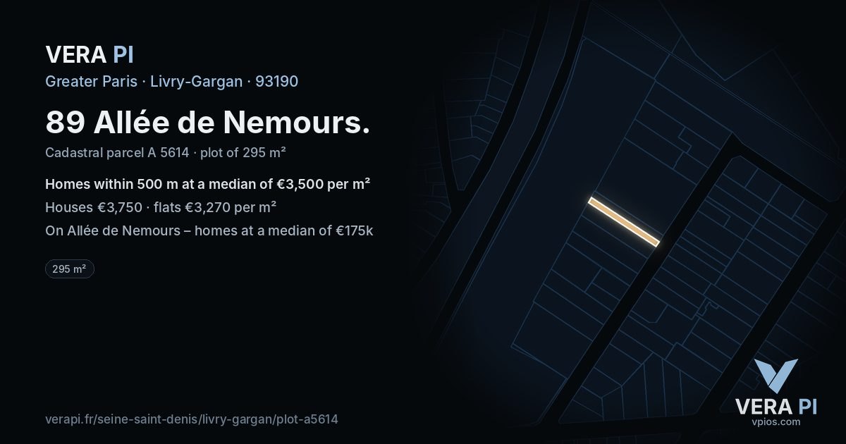 89 Allée de Nemours, Livry-Gargan at night – the plot lit, the parcels around coloured by the prices near them