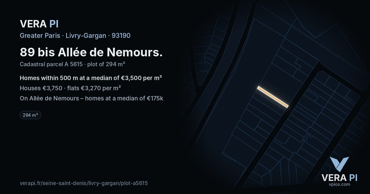 89 bis Allée de Nemours, Livry-Gargan at night – the plot lit, the parcels around coloured by the prices near them