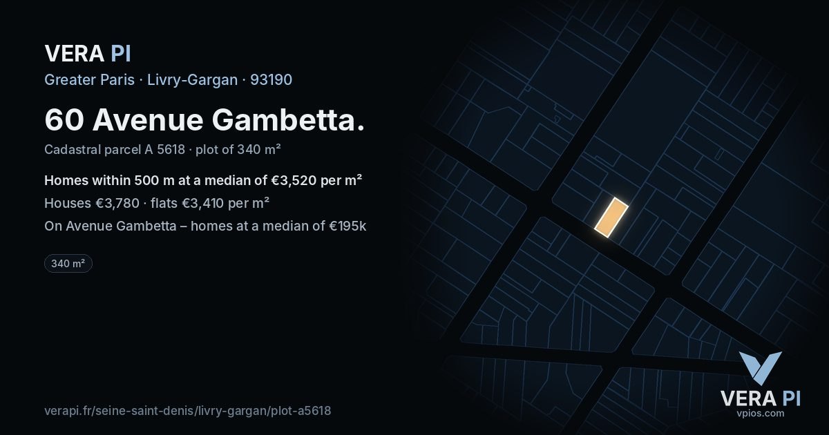 60 Avenue Gambetta, Livry-Gargan at night – the plot lit, the parcels around coloured by the prices near them