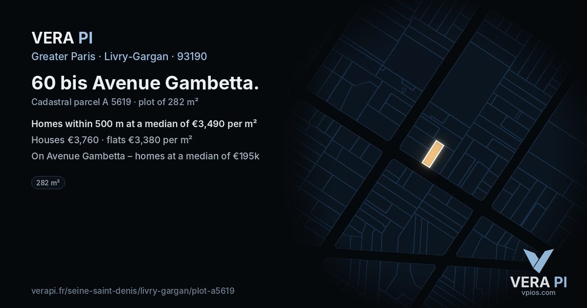60 bis Avenue Gambetta, Livry-Gargan at night – the plot lit, the parcels around coloured by the prices near them