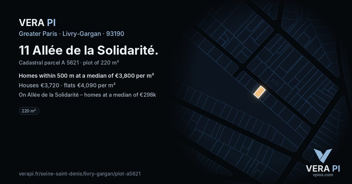 11 Allée de la Solidarité, Livry-Gargan at night – the plot lit, the parcels around coloured by the prices near them