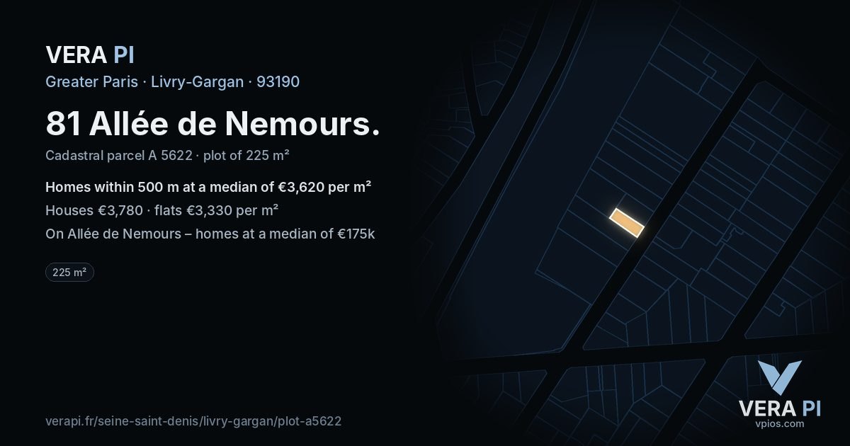 81 Allée de Nemours, Livry-Gargan at night – the plot lit, the parcels around coloured by the prices near them