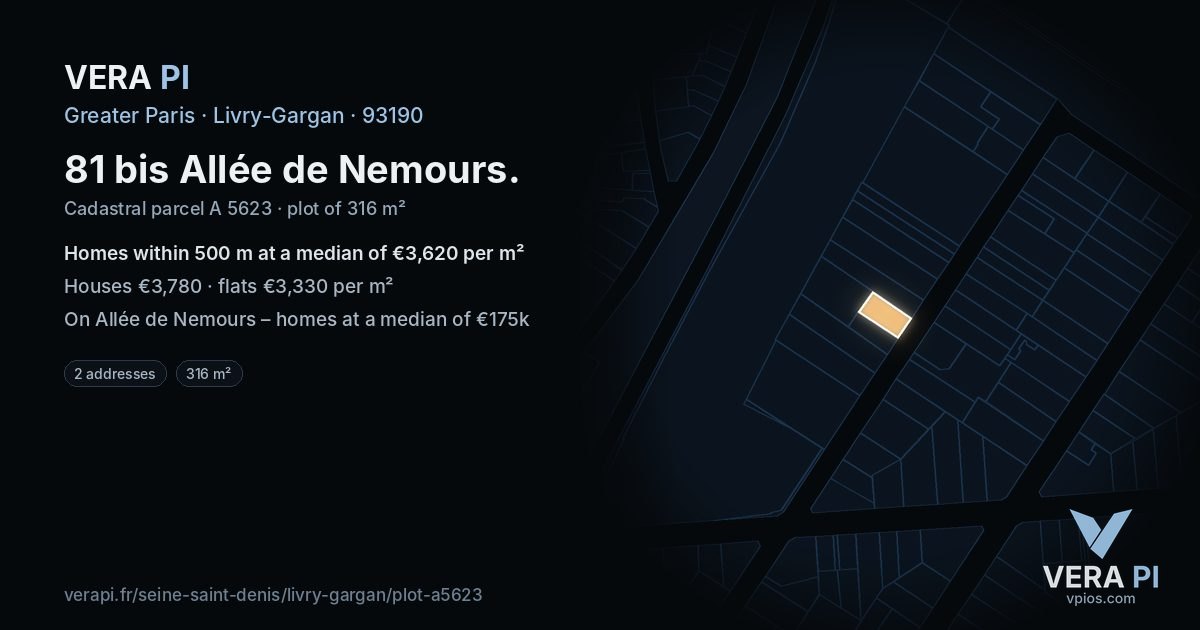 81 bis Allée de Nemours, Livry-Gargan at night – the plot lit, the parcels around coloured by the prices near them