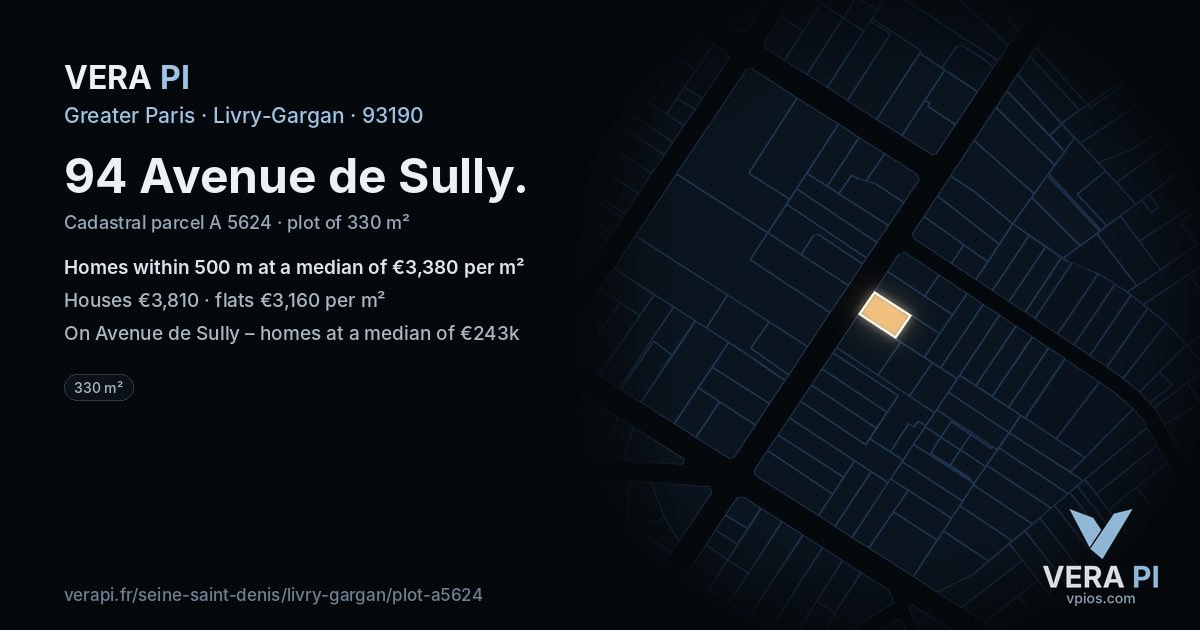 94 Avenue de Sully, Livry-Gargan at night – the plot lit, the parcels around coloured by the prices near them