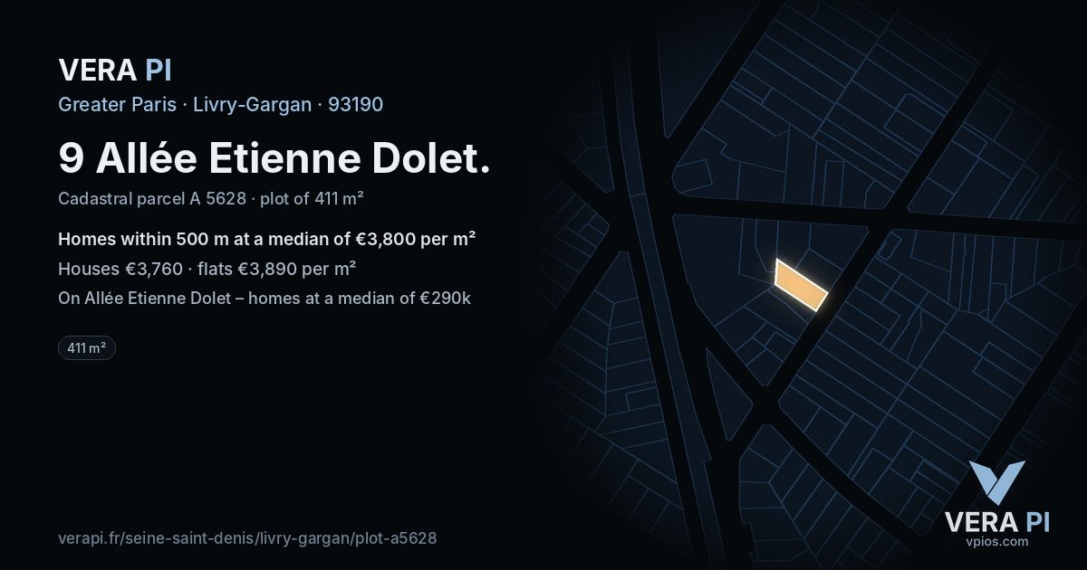 9 Allée Etienne Dolet, Livry-Gargan at night – the plot lit, the parcels around coloured by the prices near them
