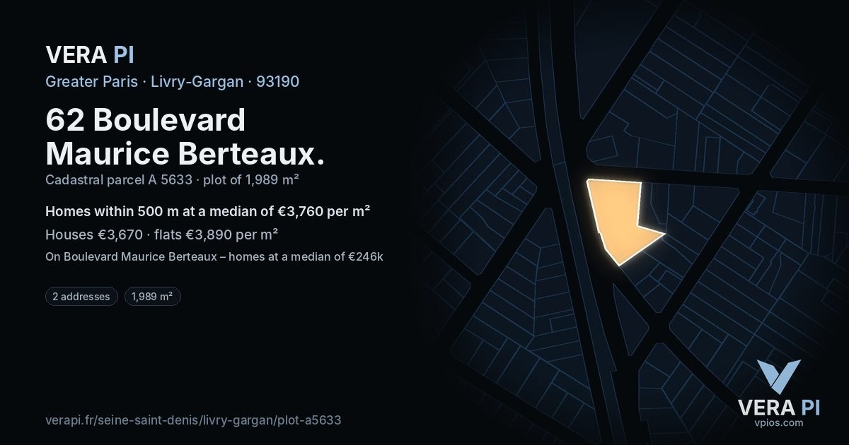 62 Boulevard Maurice Berteaux, Livry-Gargan at night – the plot lit, the parcels around coloured by the prices near them
