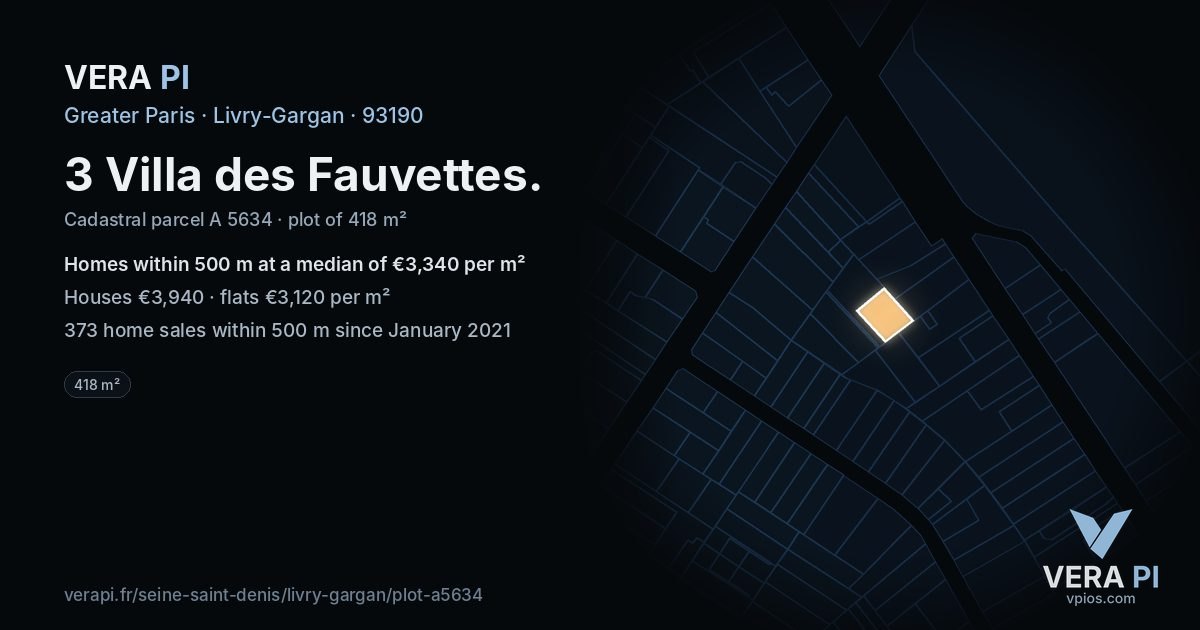 3 Villa des Fauvettes, Livry-Gargan at night – the plot lit, the parcels around coloured by the prices near them