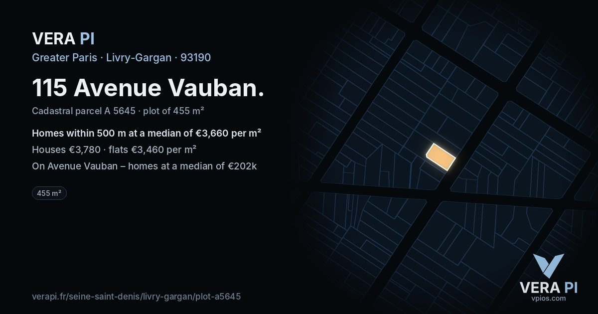 115 Avenue Vauban, Livry-Gargan at night – the plot lit, the parcels around coloured by the prices near them