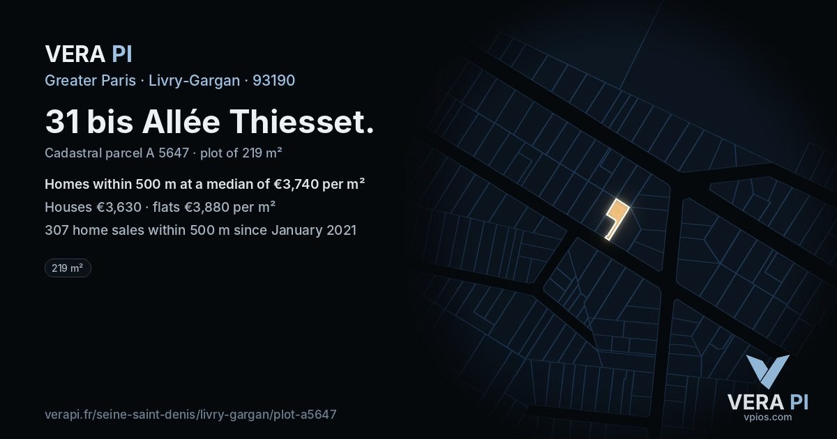 31 bis Allée Thiesset, Livry-Gargan at night – the plot lit, the parcels around coloured by the prices near them