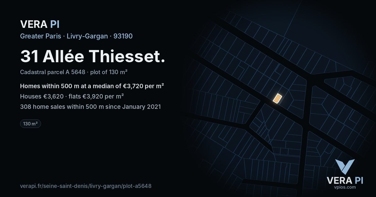 31 Allée Thiesset, Livry-Gargan at night – the plot lit, the parcels around coloured by the prices near them