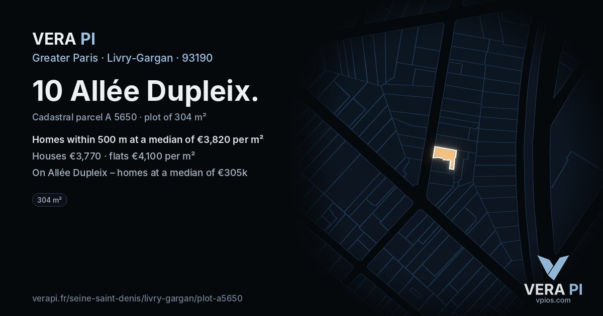 10 Allée Dupleix, Livry-Gargan at night – the plot lit, the parcels around coloured by the prices near them