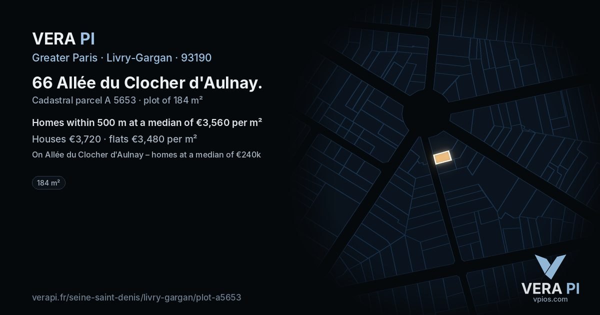 66 Allée du Clocher d'Aulnay, Livry-Gargan at night – the plot lit, the parcels around coloured by the prices near them
