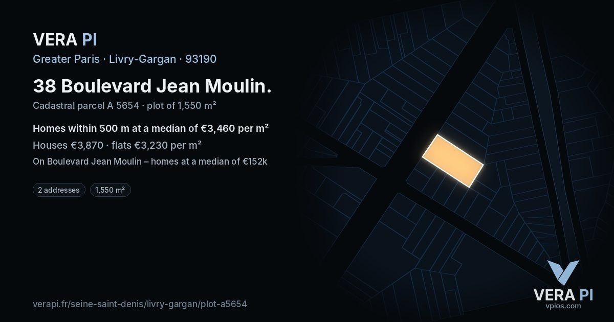 38 Boulevard Jean Moulin, Livry-Gargan at night – the plot lit, the parcels around coloured by the prices near them