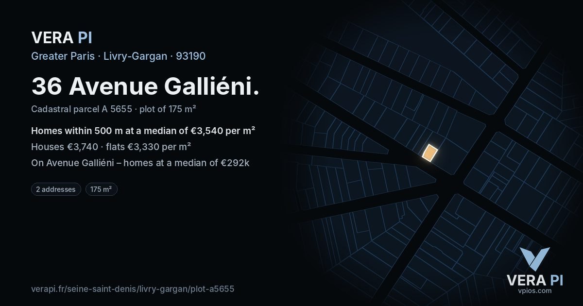 36 Avenue Galliéni, Livry-Gargan at night – the plot lit, the parcels around coloured by the prices near them