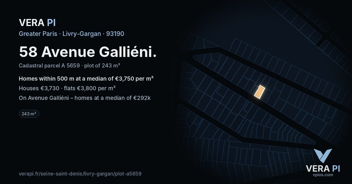 58 Avenue Galliéni, Livry-Gargan at night – the plot lit, the parcels around coloured by the prices near them