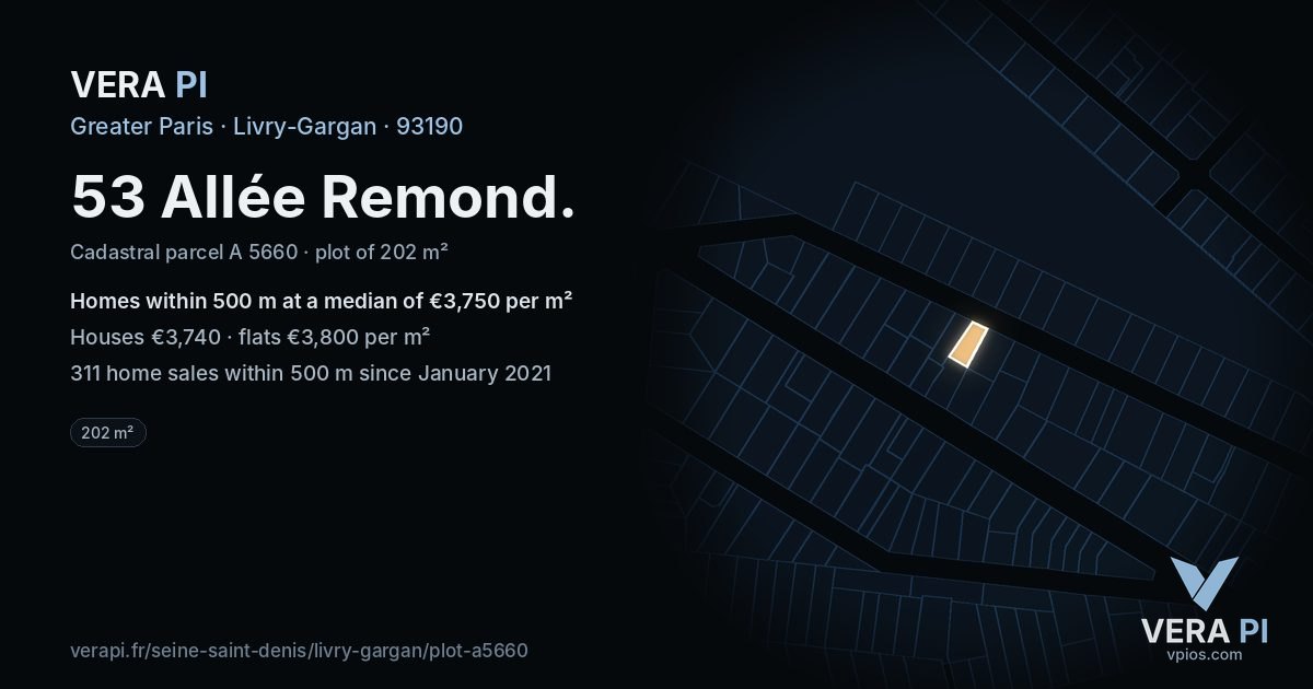 53 Allée Remond, Livry-Gargan at night – the plot lit, the parcels around coloured by the prices near them