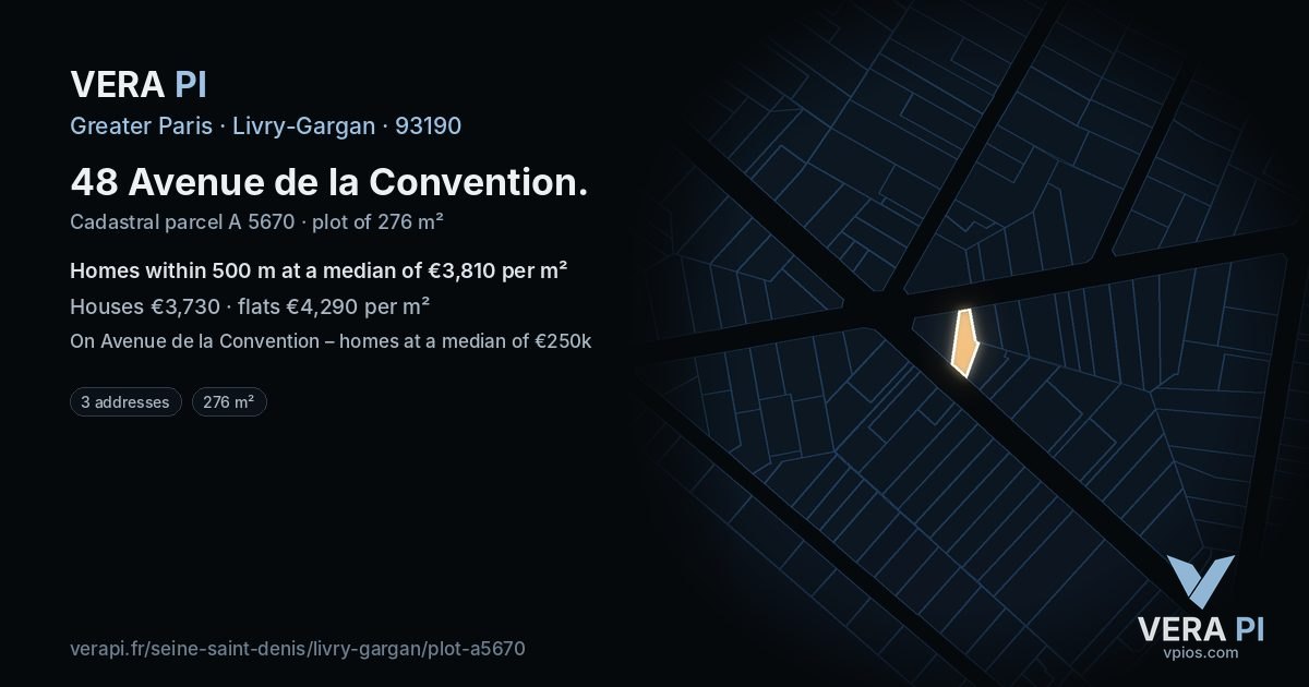 48 Avenue de la Convention, Livry-Gargan at night – the plot lit, the parcels around coloured by the prices near them