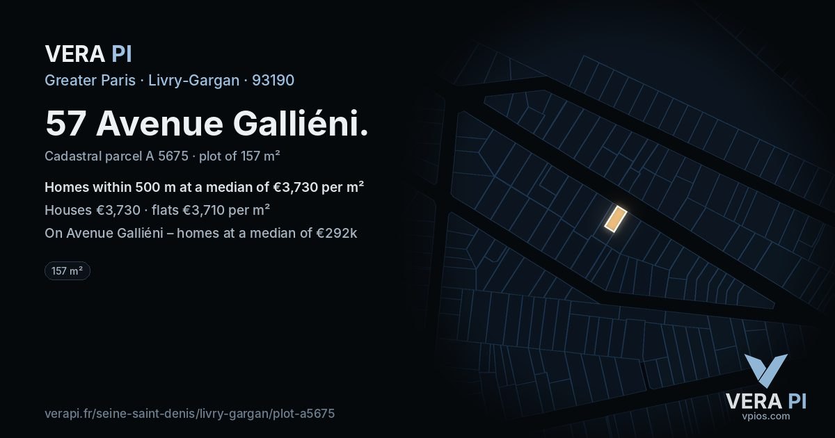 57 Avenue Galliéni, Livry-Gargan at night – the plot lit, the parcels around coloured by the prices near them
