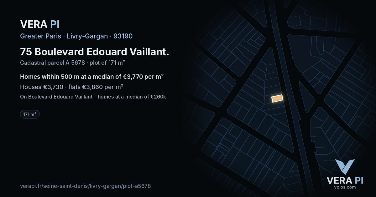 75 Boulevard Edouard Vaillant, Livry-Gargan at night – the plot lit, the parcels around coloured by the prices near them