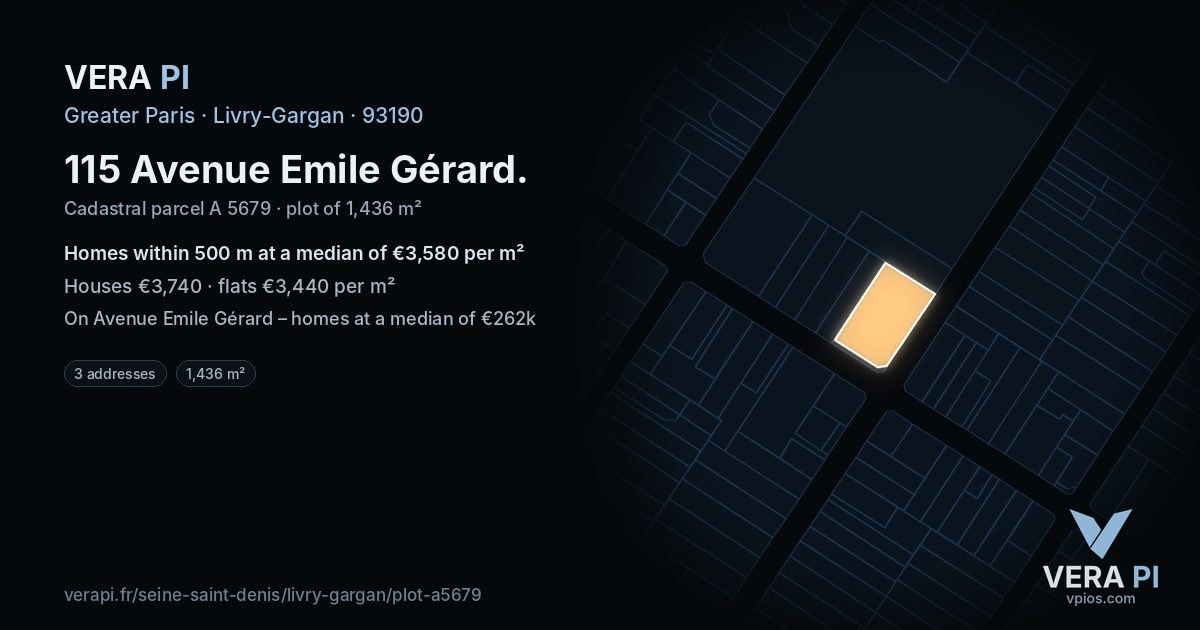115 Avenue Emile Gérard, Livry-Gargan at night – the plot lit, the parcels around coloured by the prices near them