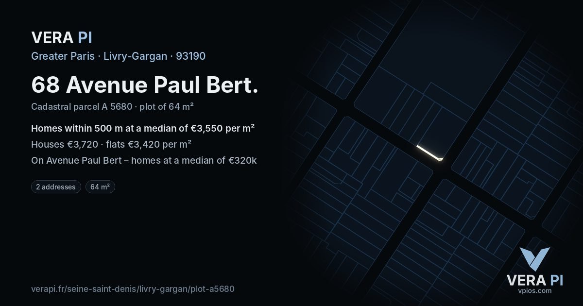 68 Avenue Paul Bert, Livry-Gargan at night – the plot lit, the parcels around coloured by the prices near them