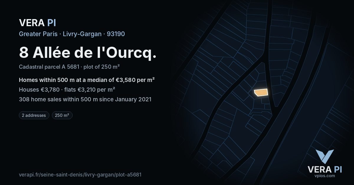 8 Allée de l'Ourcq, Livry-Gargan at night – the plot lit, the parcels around coloured by the prices near them