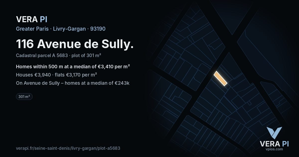 116 Avenue de Sully, Livry-Gargan at night – the plot lit, the parcels around coloured by the prices near them