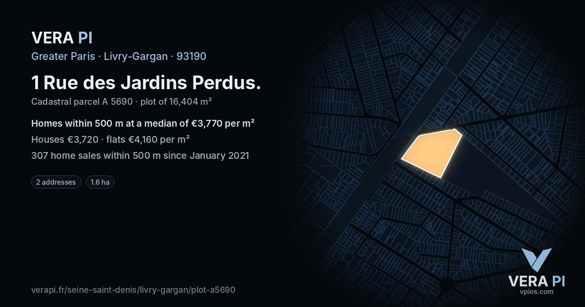 1 Rue des Jardins Perdus, Livry-Gargan at night – the plot lit, the parcels around coloured by the prices near them