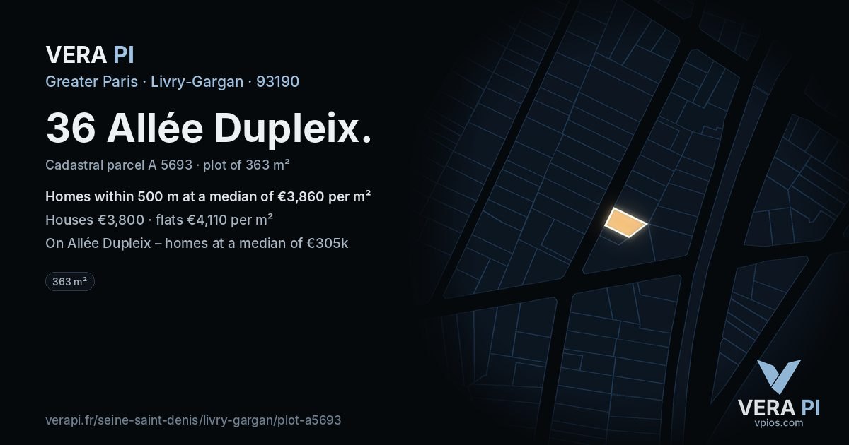 36 Allée Dupleix, Livry-Gargan at night – the plot lit, the parcels around coloured by the prices near them