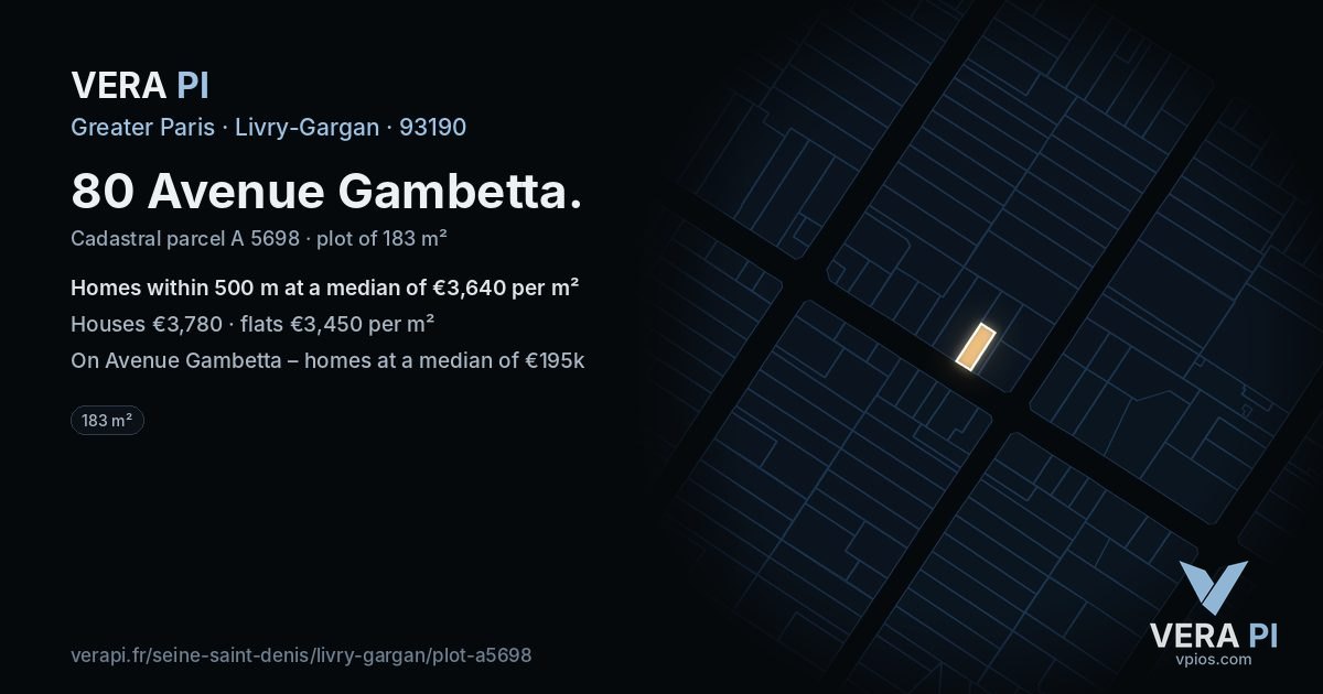 80 Avenue Gambetta, Livry-Gargan at night – the plot lit, the parcels around coloured by the prices near them