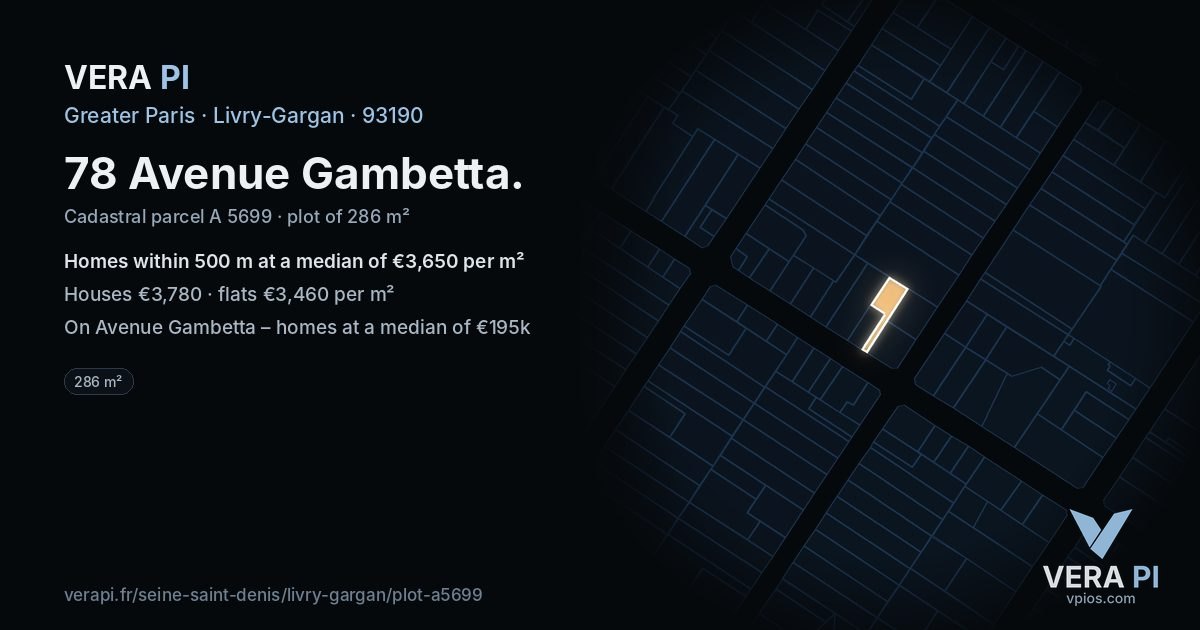 78 Avenue Gambetta, Livry-Gargan at night – the plot lit, the parcels around coloured by the prices near them