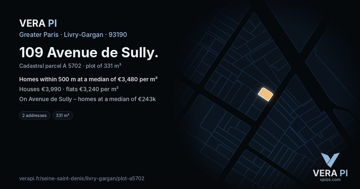 109 Avenue de Sully, Livry-Gargan at night – the plot lit, the parcels around coloured by the prices near them
