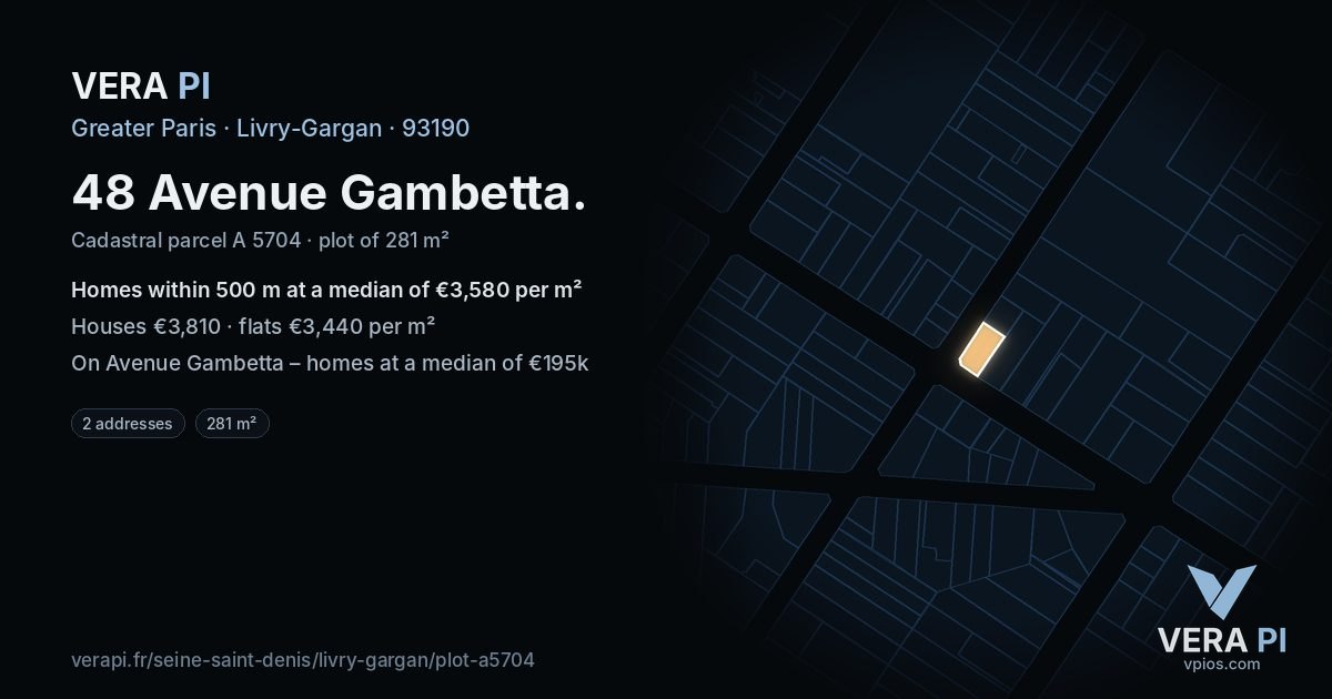48 Avenue Gambetta, Livry-Gargan at night – the plot lit, the parcels around coloured by the prices near them