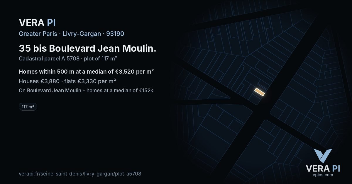 35 bis Boulevard Jean Moulin, Livry-Gargan at night – the plot lit, the parcels around coloured by the prices near them
