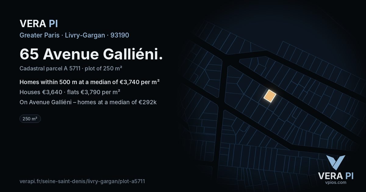 65 Avenue Galliéni, Livry-Gargan at night – the plot lit, the parcels around coloured by the prices near them