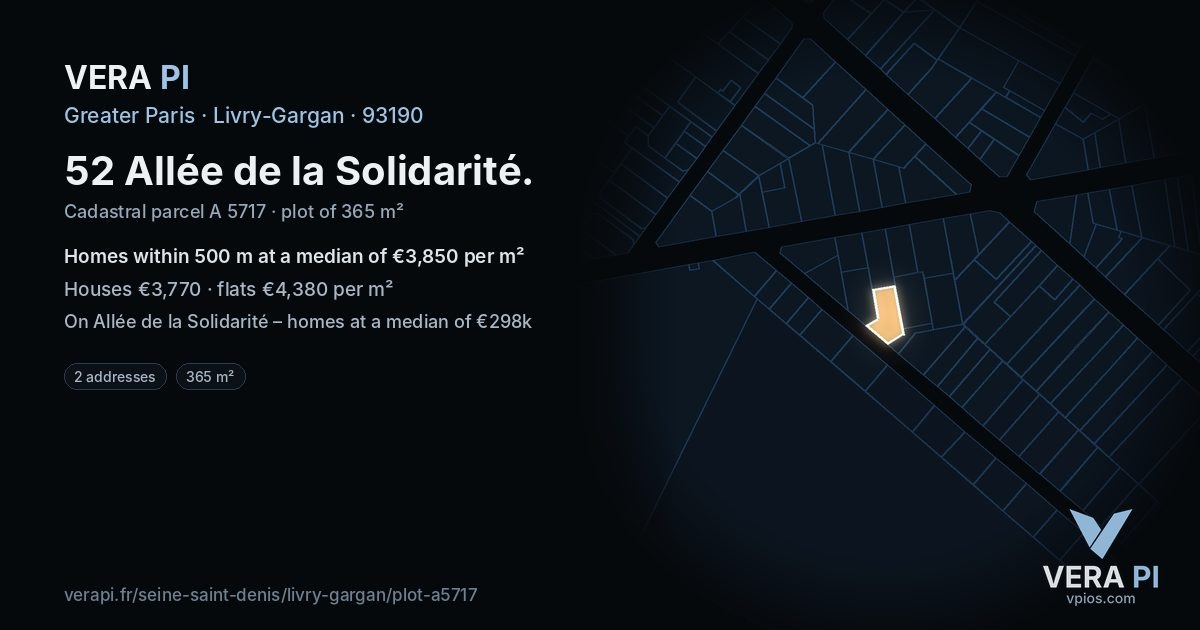 52 Allée de la Solidarité, Livry-Gargan at night – the plot lit, the parcels around coloured by the prices near them