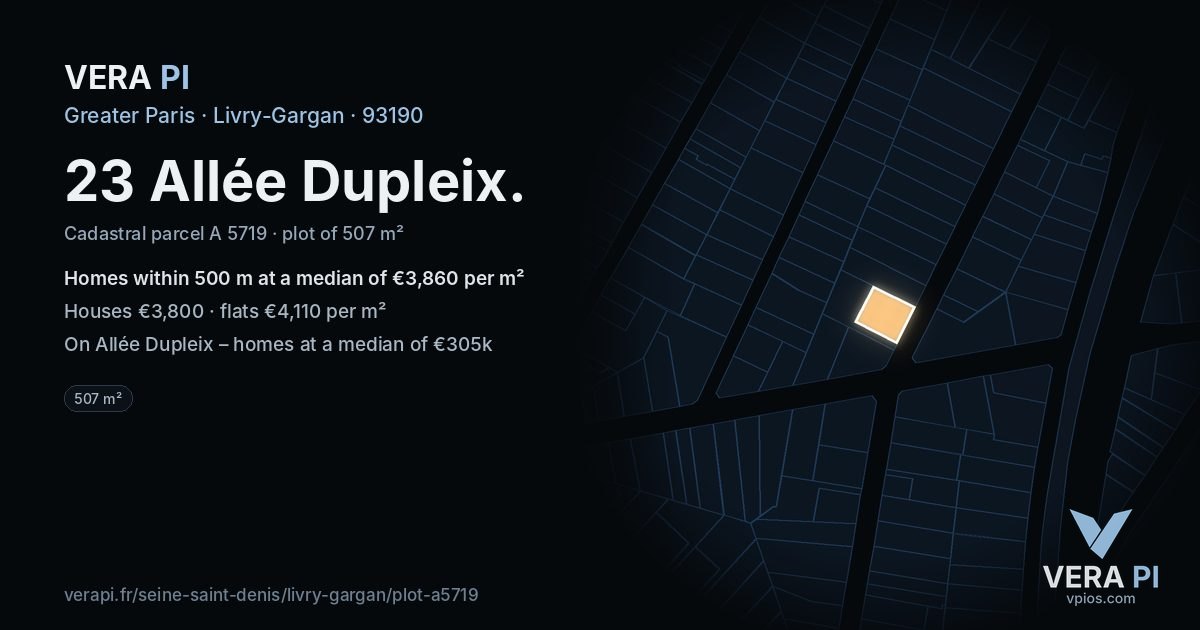 23 Allée Dupleix, Livry-Gargan at night – the plot lit, the parcels around coloured by the prices near them