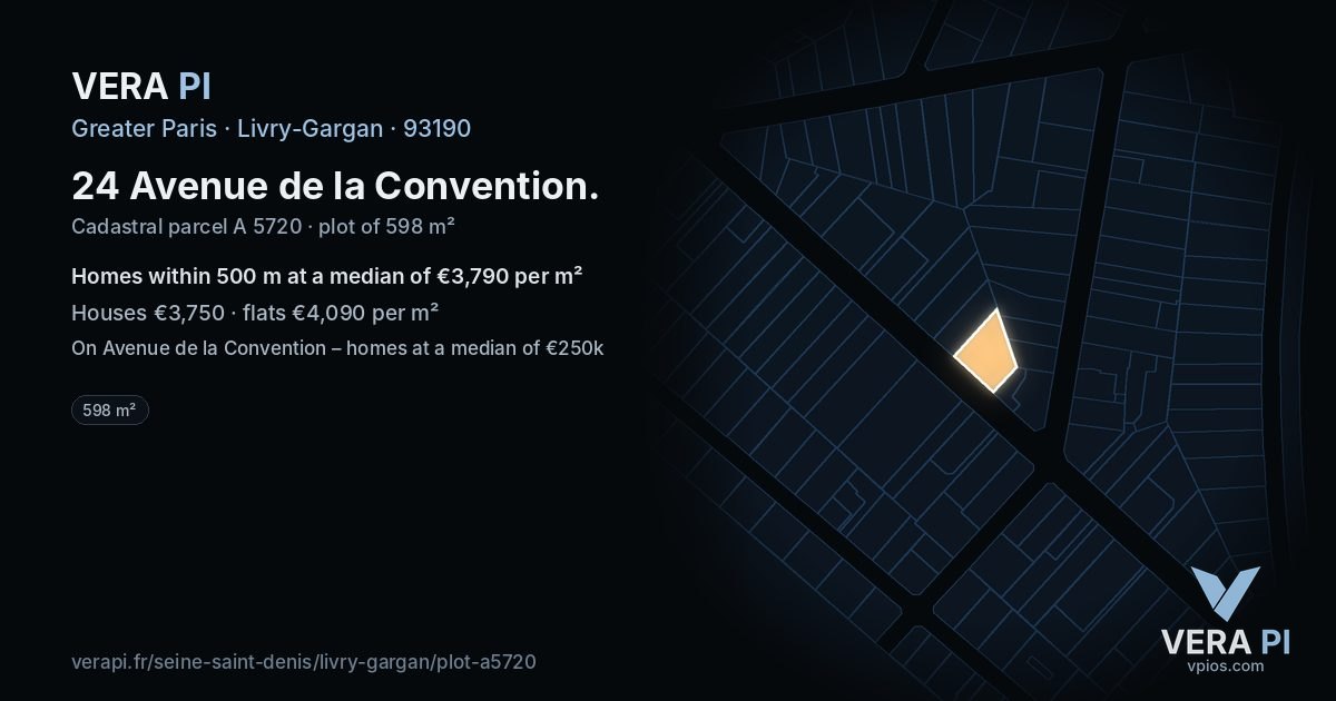 24 Avenue de la Convention, Livry-Gargan at night – the plot lit, the parcels around coloured by the prices near them