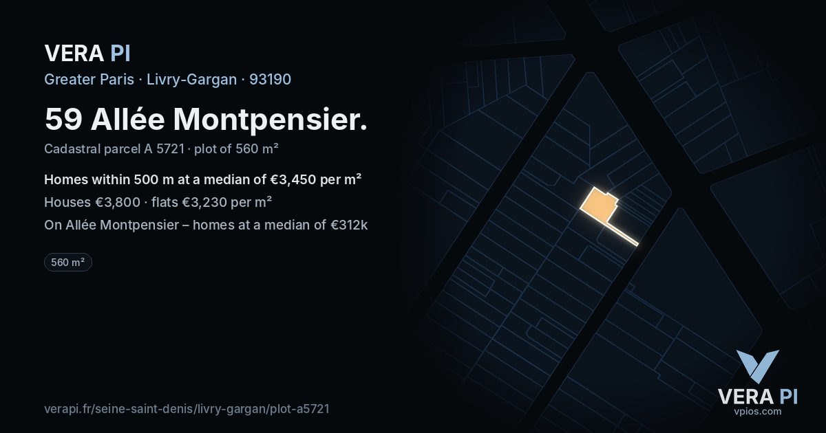 59 Allée Montpensier, Livry-Gargan at night – the plot lit, the parcels around coloured by the prices near them