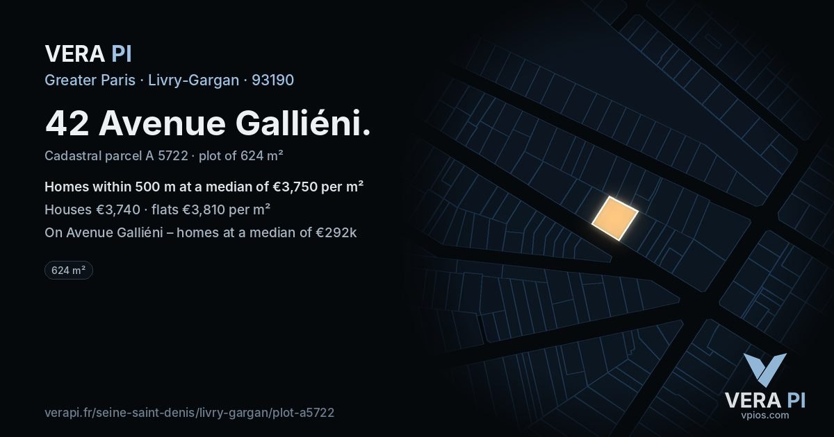 42 Avenue Galliéni, Livry-Gargan at night – the plot lit, the parcels around coloured by the prices near them