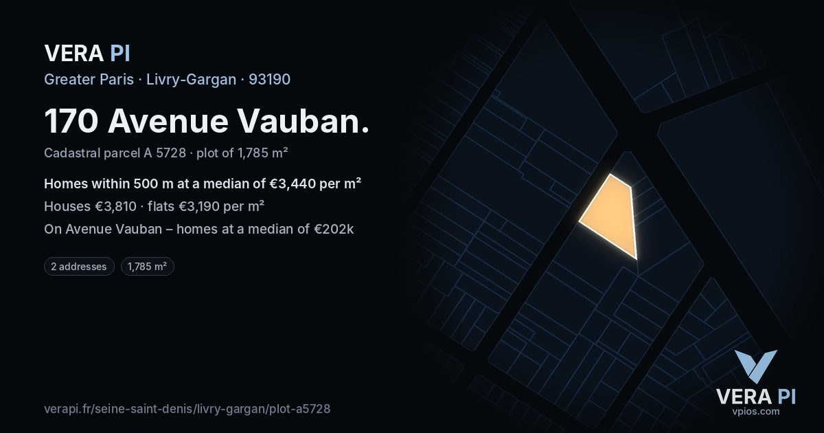 170 Avenue Vauban, Livry-Gargan at night – the plot lit, the parcels around coloured by the prices near them