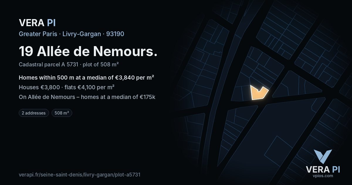 19 Allée de Nemours, Livry-Gargan at night – the plot lit, the parcels around coloured by the prices near them