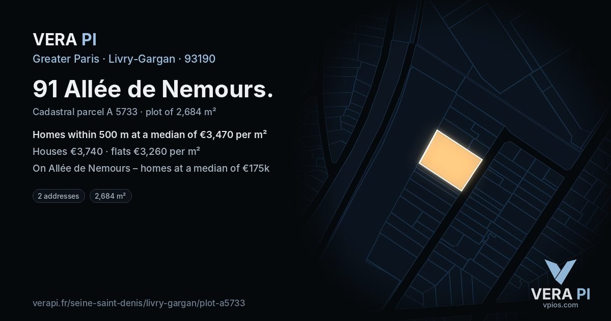 91 Allée de Nemours, Livry-Gargan at night – the plot lit, the parcels around coloured by the prices near them