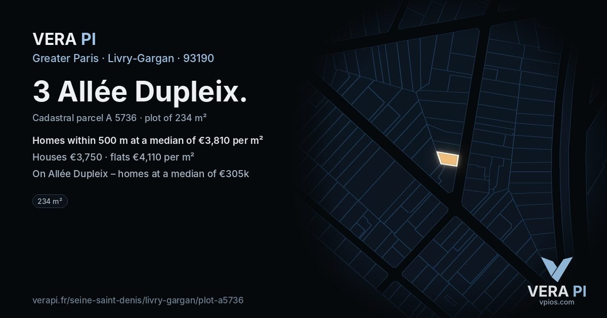 3 Allée Dupleix, Livry-Gargan at night – the plot lit, the parcels around coloured by the prices near them