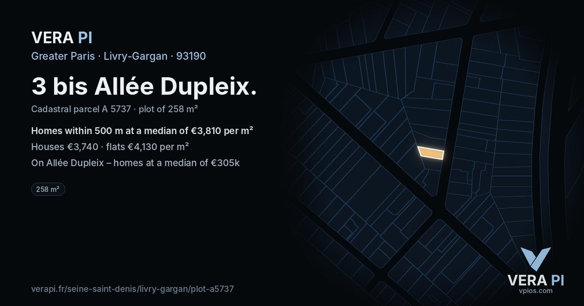 3 bis Allée Dupleix, Livry-Gargan at night – the plot lit, the parcels around coloured by the prices near them