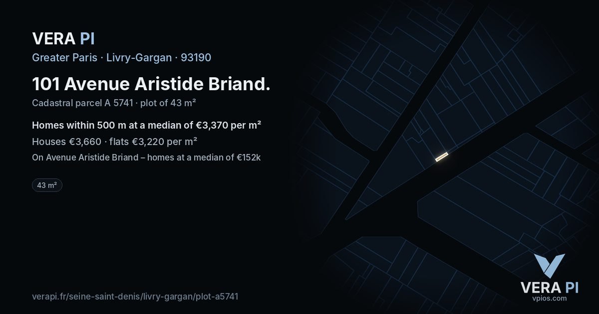 101 Avenue Aristide Briand, Livry-Gargan at night – the plot lit, the parcels around coloured by the prices near them