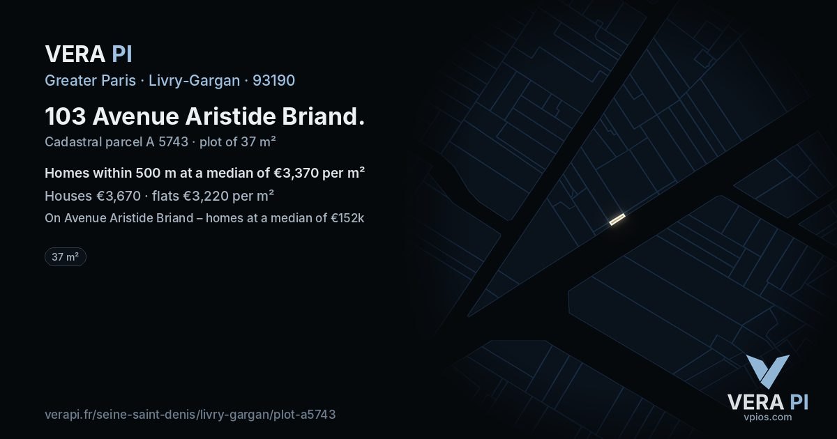 103 Avenue Aristide Briand, Livry-Gargan at night – the plot lit, the parcels around coloured by the prices near them