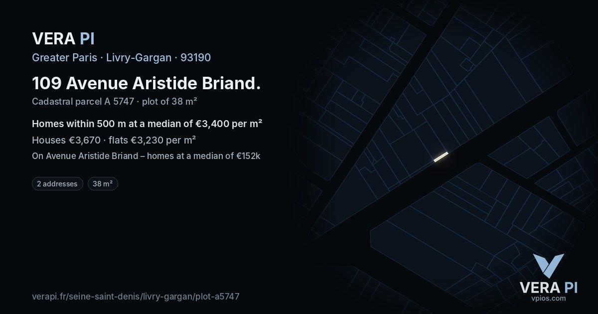 109 Avenue Aristide Briand, Livry-Gargan at night – the plot lit, the parcels around coloured by the prices near them