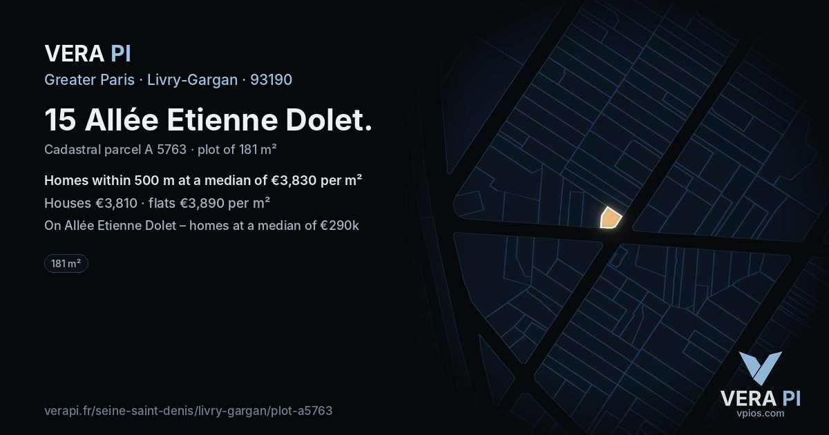 15 Allée Etienne Dolet, Livry-Gargan at night – the plot lit, the parcels around coloured by the prices near them